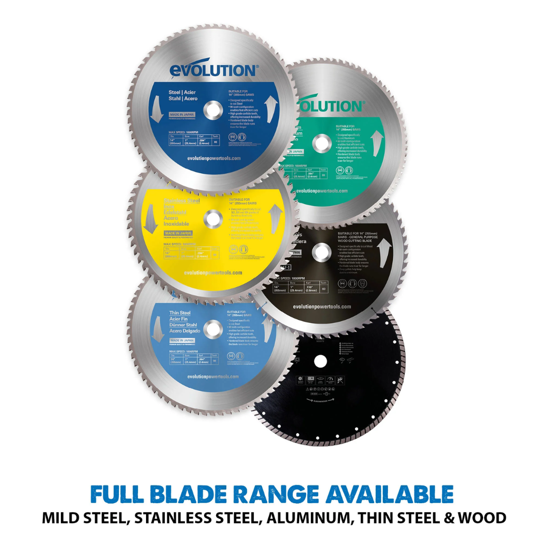 Evolution Power Tools Metal Cutting Chop Saw With 14 in. Mild Steel Blade S355CPSL displayed with the full range of Evolution metal cutting blades for mild steel, stainless steel, aluminum, and multi-material cutting applications