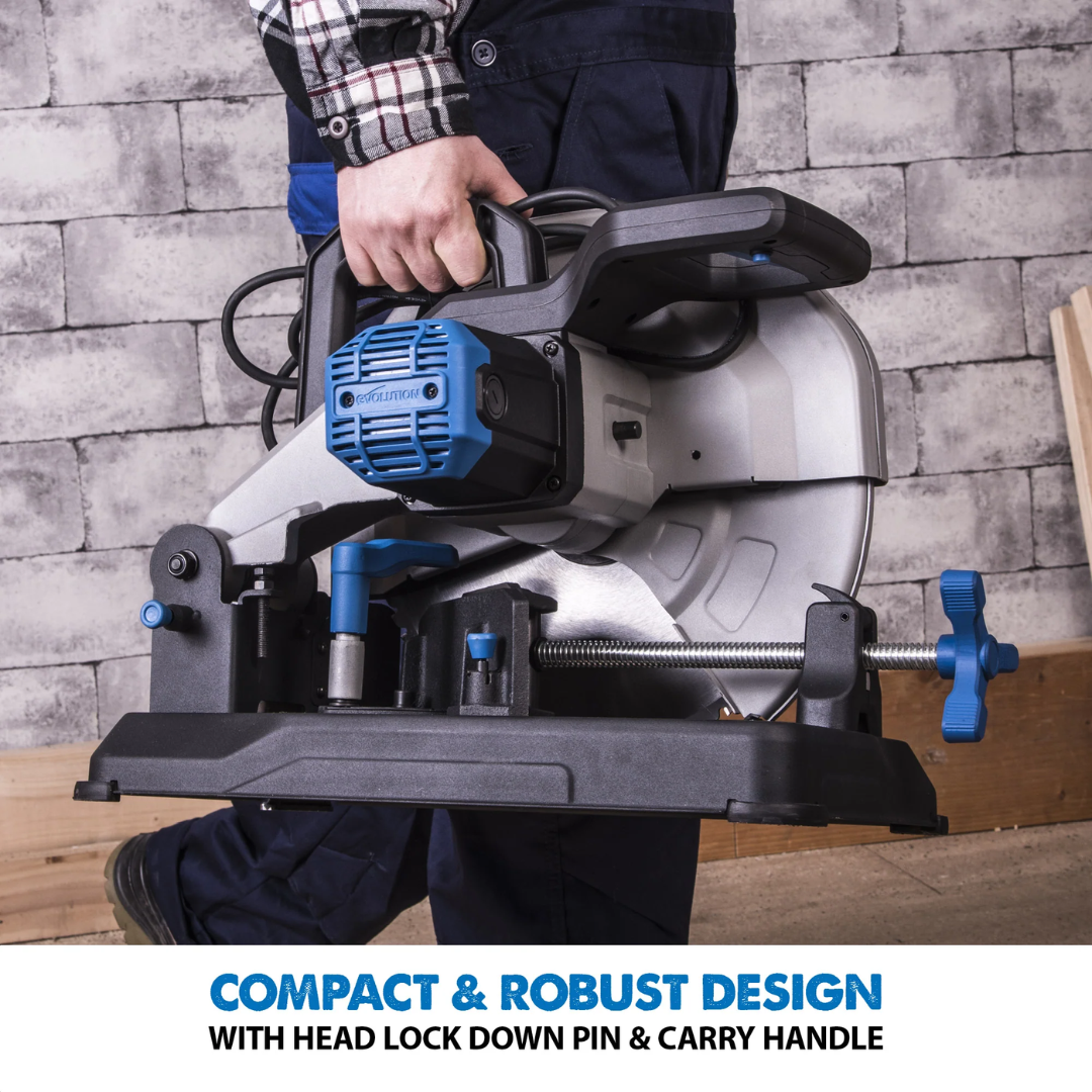 Evolution Power Tools Metal Cutting Chop Saw With 14 in. Mild Steel Blade S355CPSL highlighting the quick-position fence for fast angle adjustments and repeatable cutting accuracy.