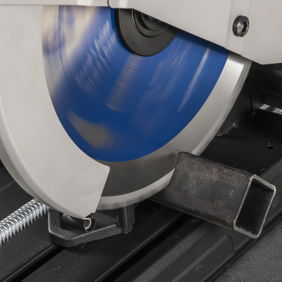 Evolution Power Tools Metal Cutting Chop Saw With 14 in. Mild Steel Blade S355CPSL showing the easy blade change system for fast replacement of the carbide-tipped metal cutting blade.