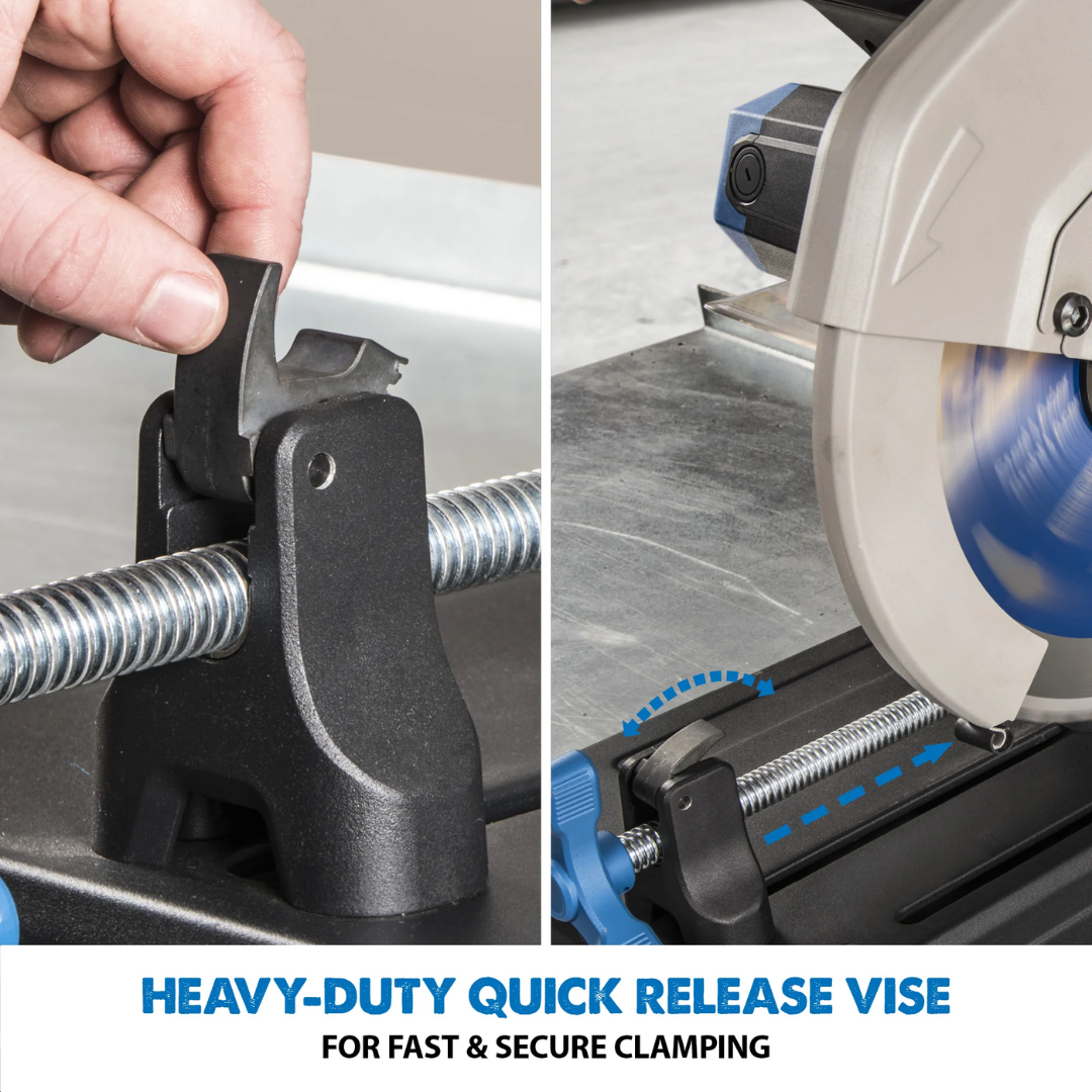 Evolution Power Tools Metal Cutting Chop Saw With 14 in. Mild Steel Blade S355CPSL showing the optimized chip collection guard designed to help contain metal chips while cutting.