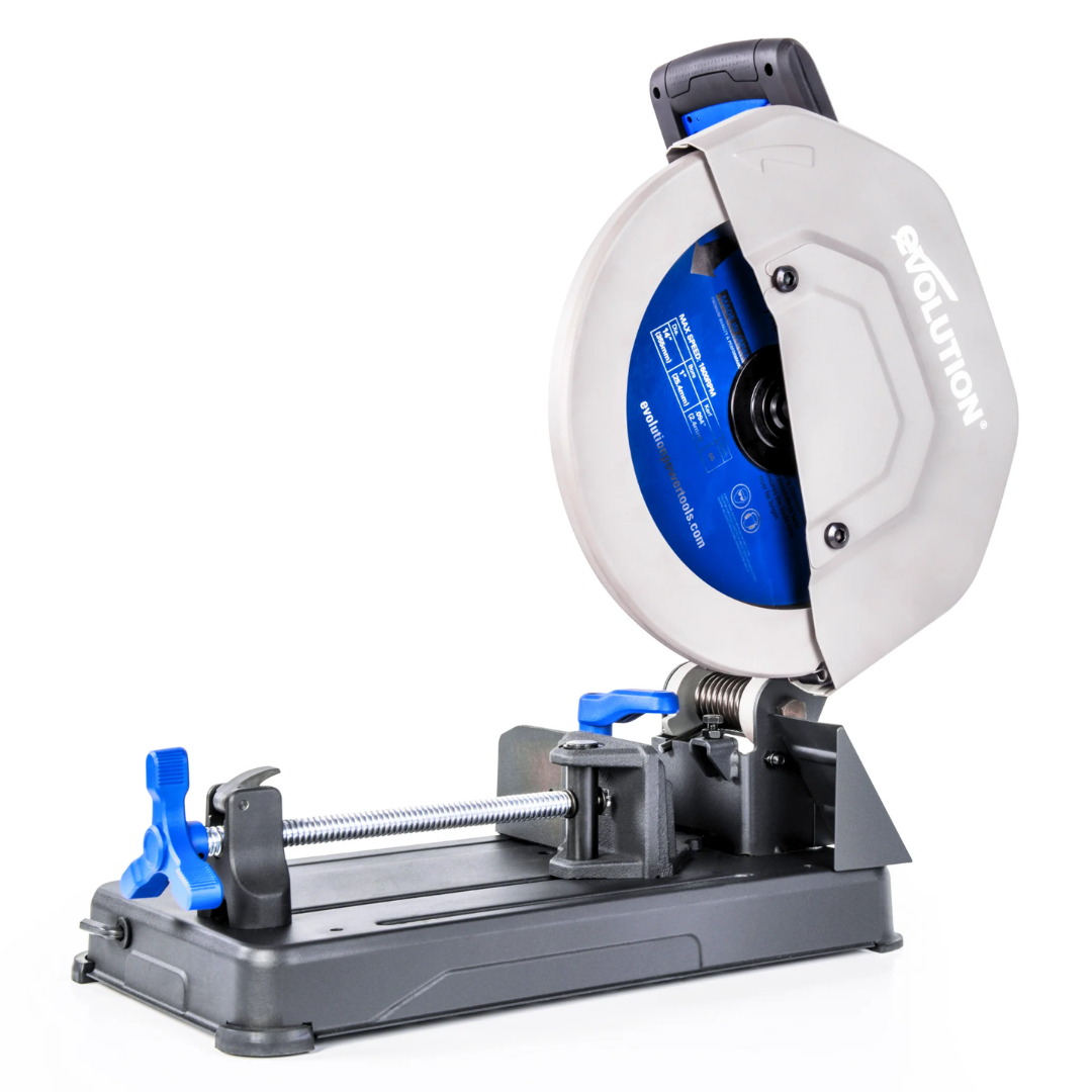 Evolution Power Tools Metal Cutting Chop Saw With 14 in. Mild Steel Blade S355CPSL shown with a 14-inch TCT mild steel blade, quick-release vise, adjustable fence, and heavy-duty base designed for fast, accurate metal cutting in fabrication and industrial workshops.