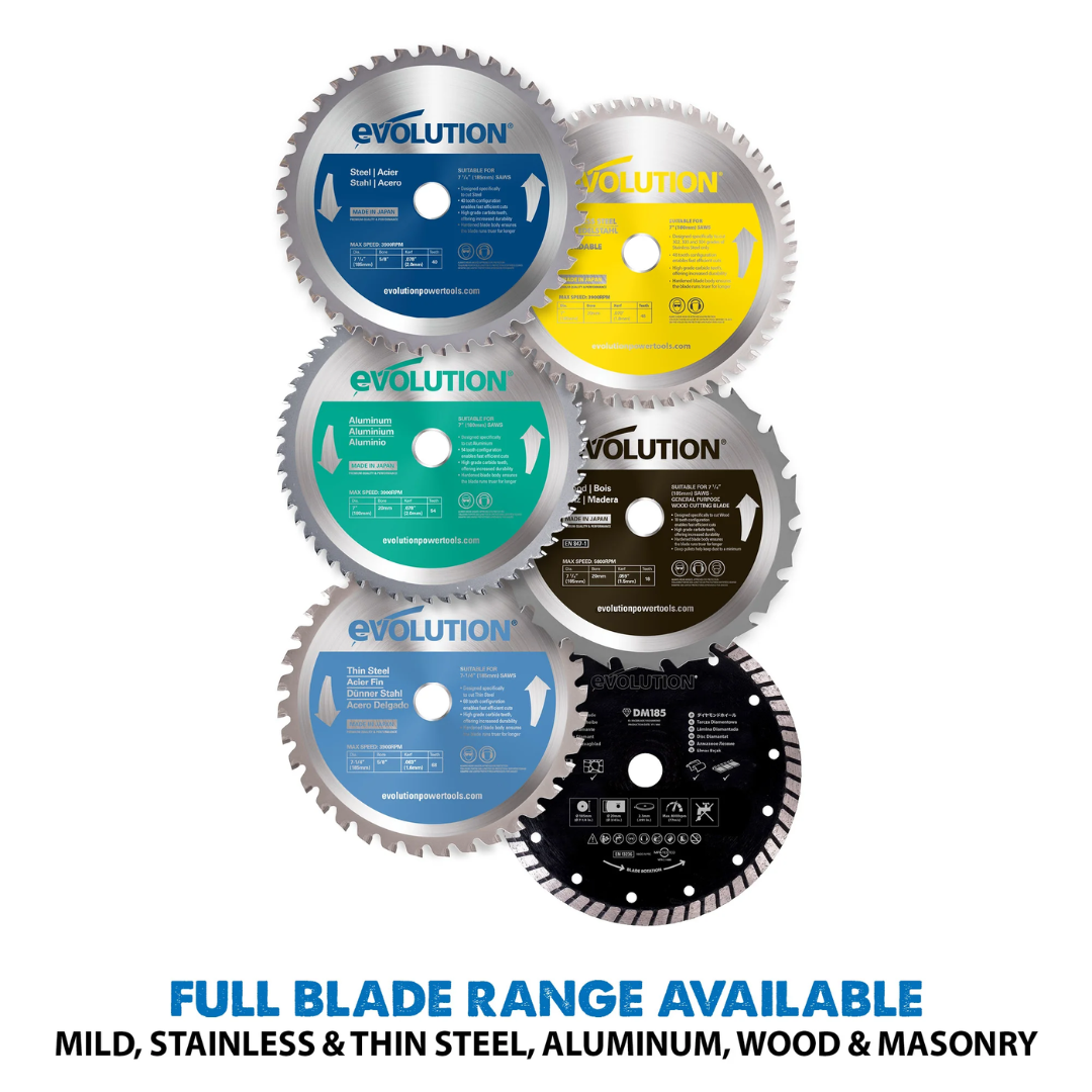 Evolution Power Tools Metal Cutting Circular Saw 7-1/4 in. Blade S185CCSL compatible with multiple premium Evolution saw blades for various metal cutting applications.