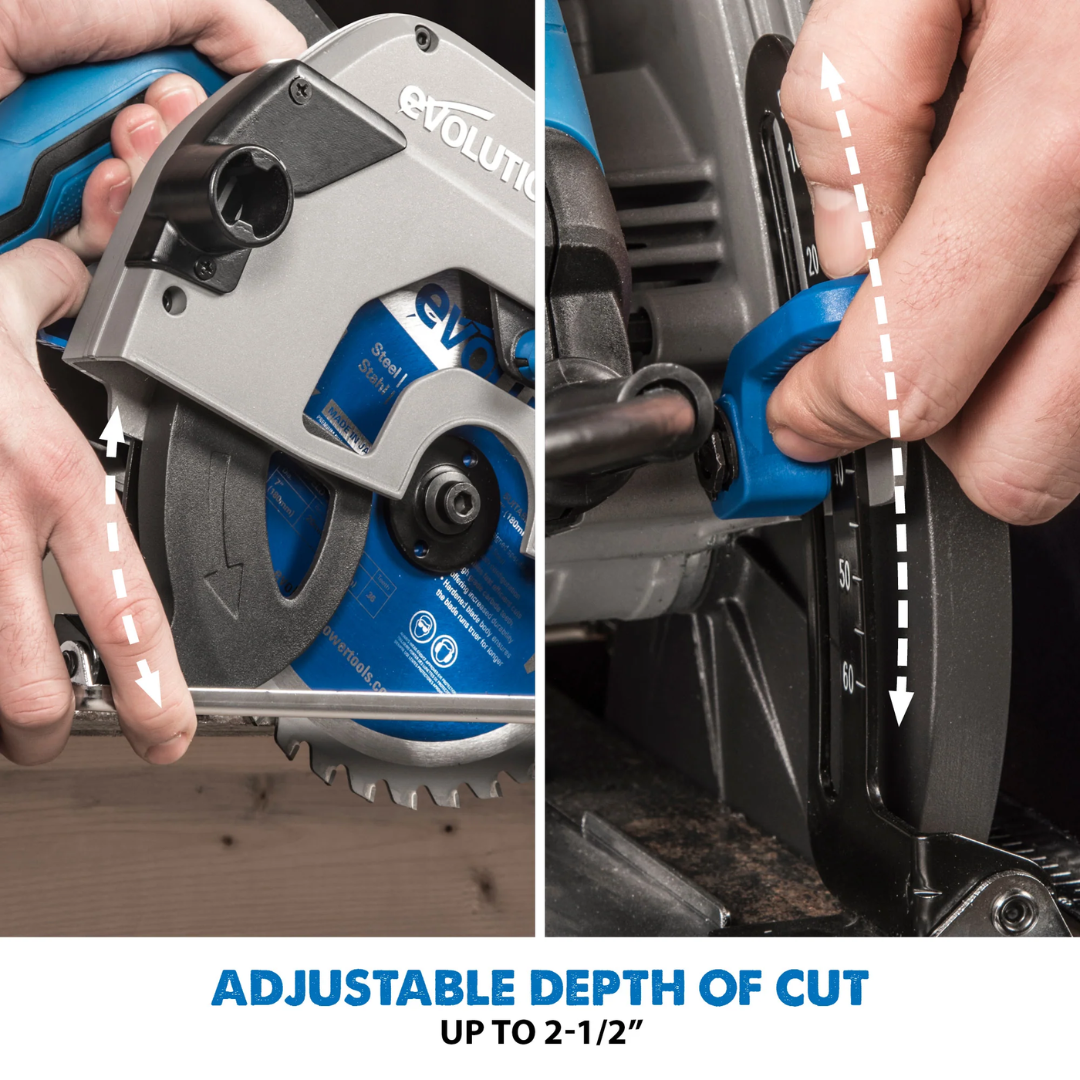 Evolution Power Tools Metal Cutting Circular Saw 7-1/4 in. Blade S185CCSL demonstrating the adjustable depth-of-cut mechanism for accurate cutting depth control.
