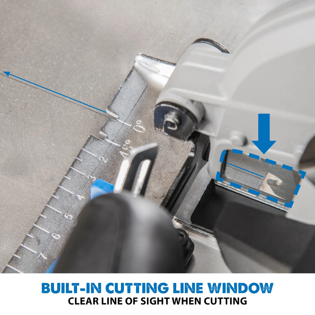 Evolution Power Tools Metal Cutting Circular Saw 7-1/4 in. Blade S185CCSL equipped with a built-in cutline viewing window for improved cutting visibility and accuracy.