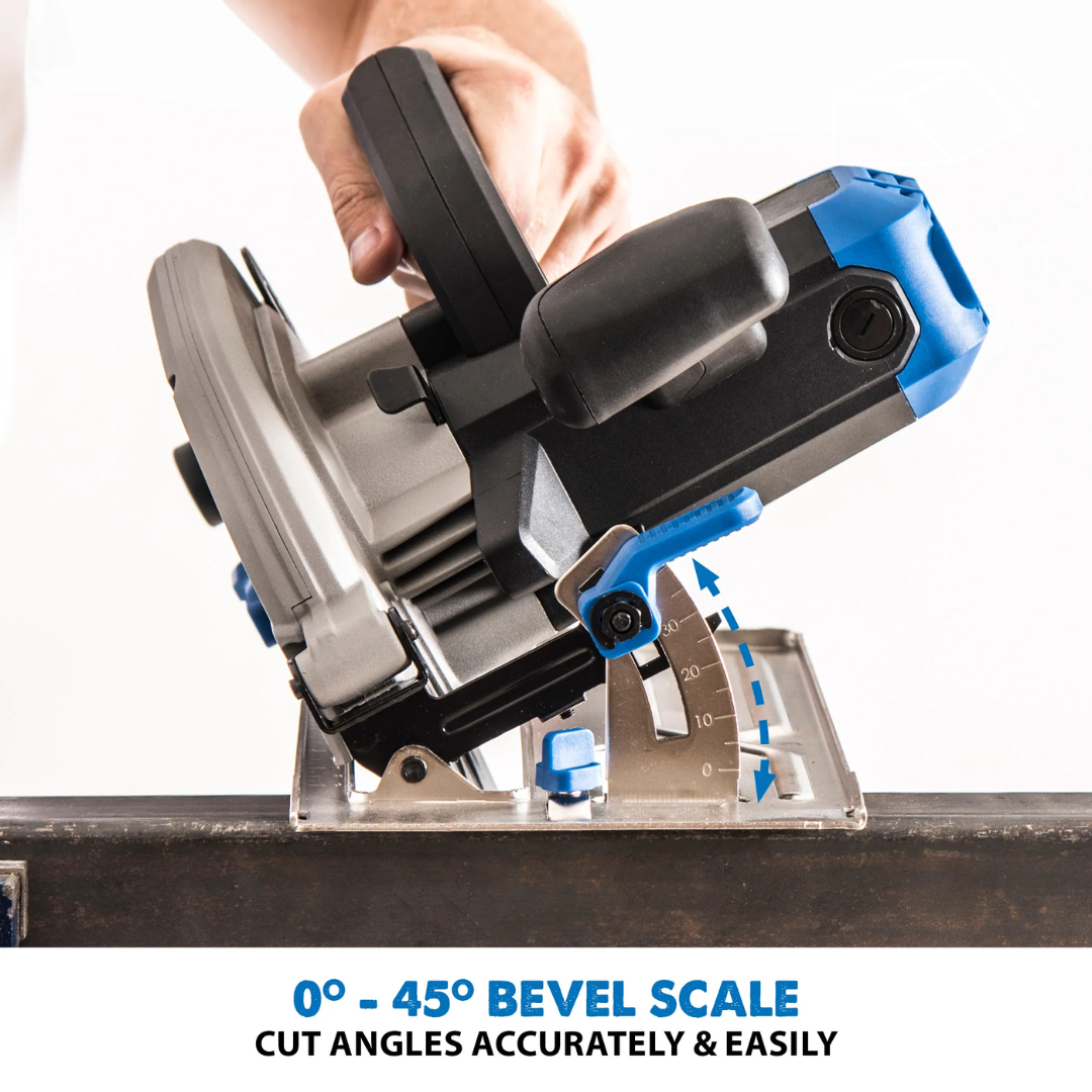 Evolution Power Tools Metal Cutting Circular Saw 7-1/4 in. Blade S185CCSL featuring a 0°–45° bevel scale for precise angled cutting applications.
