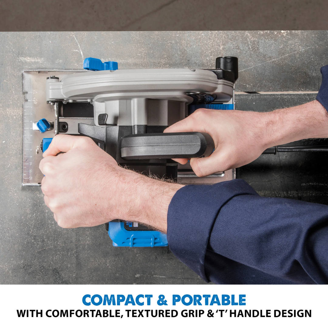 Evolution Power Tools Metal Cutting Circular Saw 7-1/4 in. Blade S185CCSL featuring a compact, portable design with ergonomic handles for improved control and user comfort.
