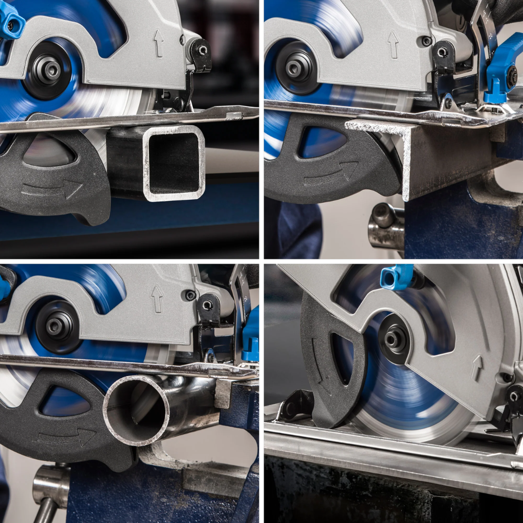 Evolution Power Tools Metal Cutting Circular Saw 7-1/4 in. Blade S185CCSL highlighting multiple design features including the blade guard, base plate, and precision cutting system.