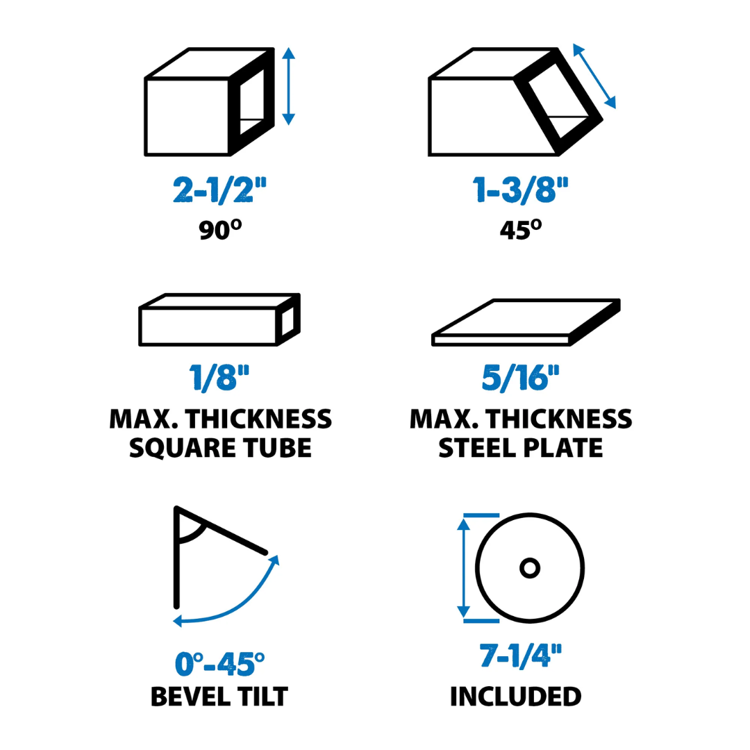 Evolution Power Tools Metal Cutting Circular Saw 7-1/4 in. Blade S185CCSL infographic showing cutting capacities, bevel capability, and precision performance features.