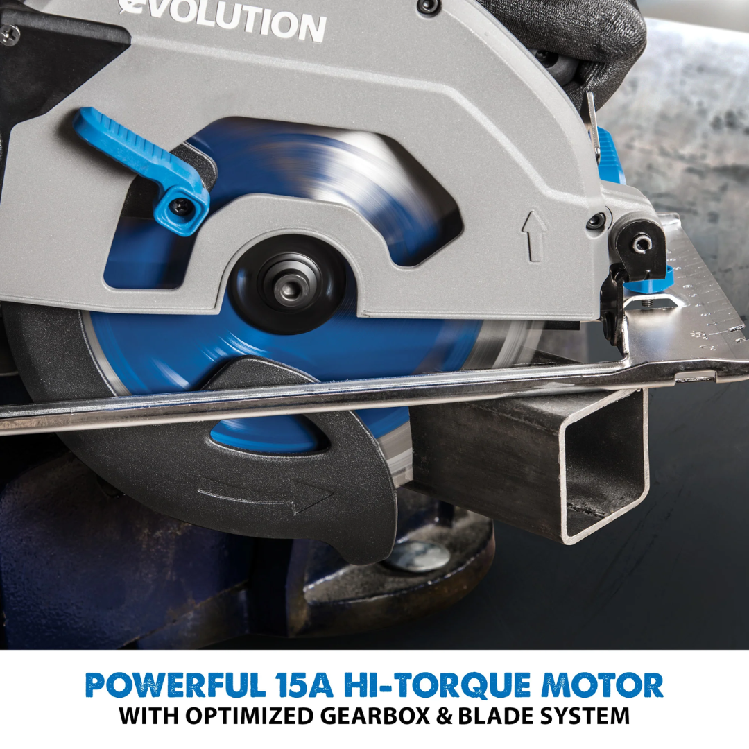 Evolution Power Tools Metal Cutting Circular Saw 7-1/4 in. Blade S185CCSL powered by a high-torque 15 Amp motor for demanding metal cutting applications.