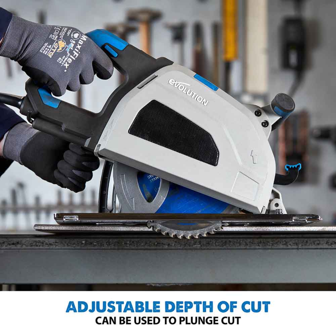 Evolution Power Tools Metal Cutting Circular Saw S210CCS close-up showing the adjustable depth-of-cut mechanism for precise cutting depth settings across various materials.