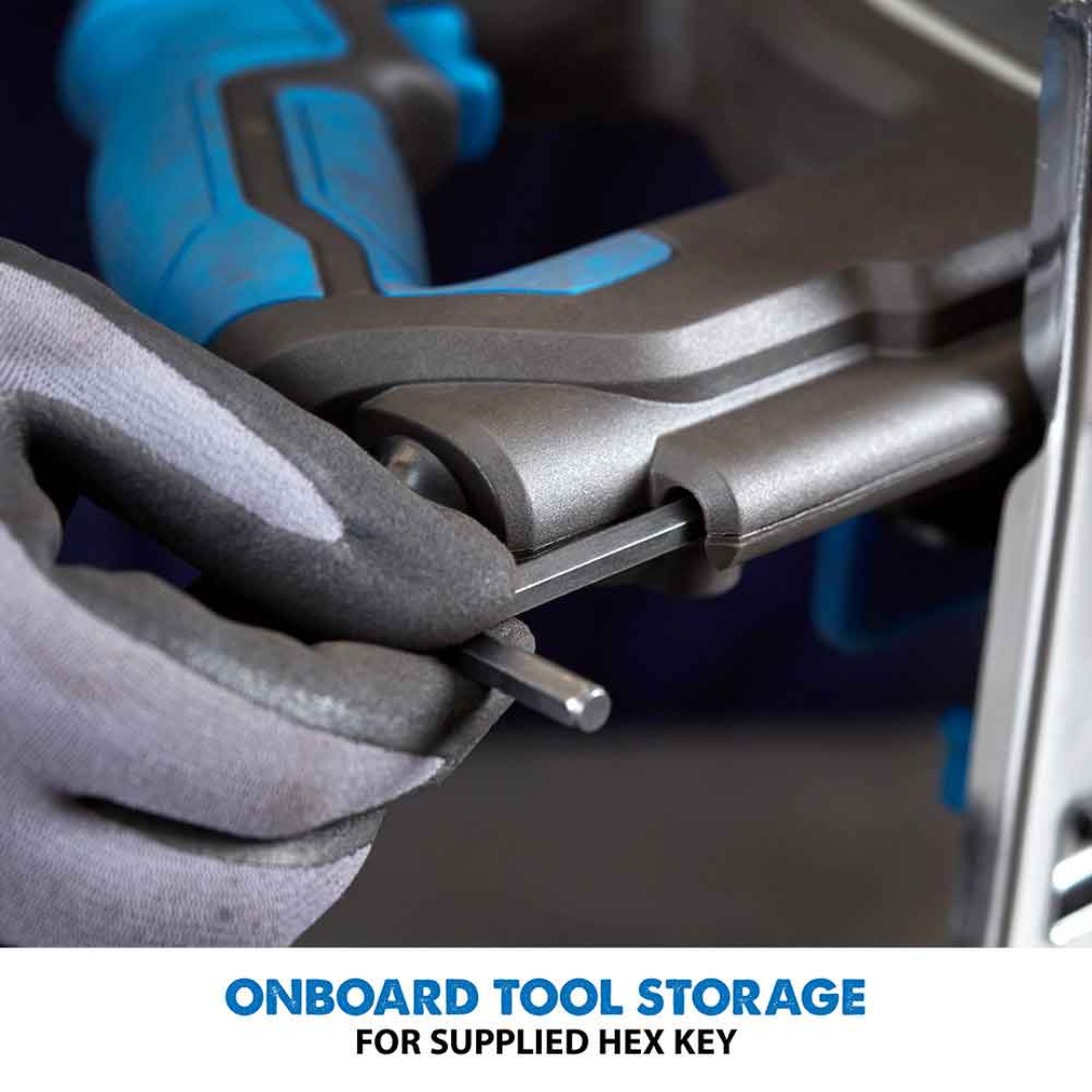 Evolution Power Tools Metal Cutting Circular Saw S210CCS equipped with convenient onboard tool storage, keeping the blade-change wrench securely stored and easily accessible.