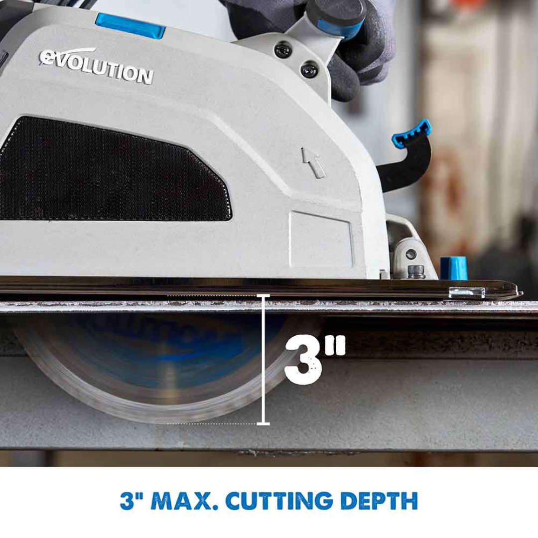 Evolution Power Tools Metal Cutting Circular Saw S210CCS illustrating the maximum 3-inch cutting depth for steel plate, tubing, channel, and structural materials.