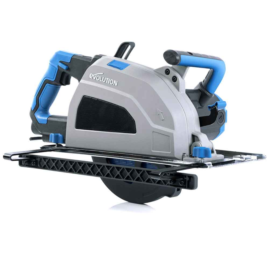 Evolution Power Tools Metal Cutting Circular Saw S210CCS shown with a carbide-tipped metal cutting blade, heavy-duty base plate, ergonomic dual-handle design, and integrated chip collection system for precise cold-cutting of steel and metal.