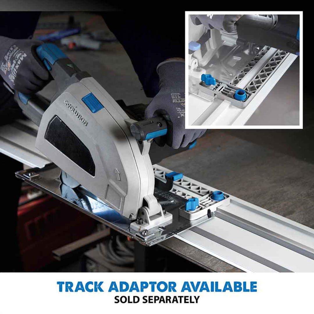 Evolution Power Tools Metal Cutting Circular Saw S210CCS shown with an optional track adapter system for enhanced straight-line cutting accuracy on long workpieces.