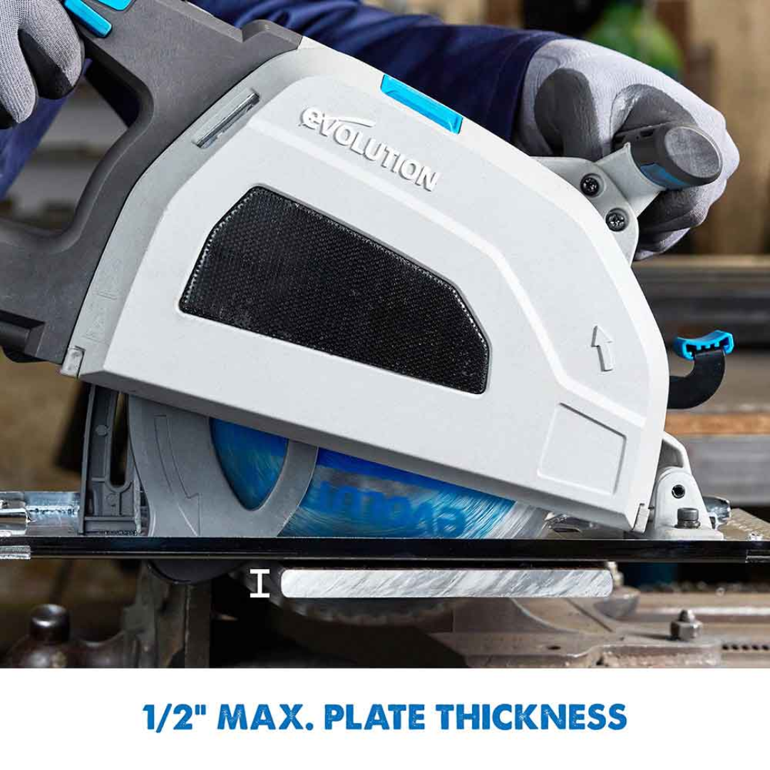 Evolution Power Tools Metal Cutting Circular Saw S210CCS side view highlighting the enclosed blade guard, durable housing, and precision metal cutting blade.