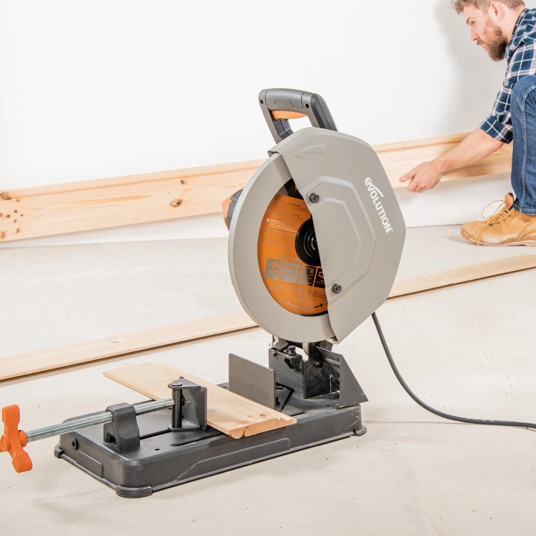 Evolution Power Tools Multi-Material Cutting Chop Saw With 14 in. Blade R355CPS cutting angle iron with smooth, accurate results.