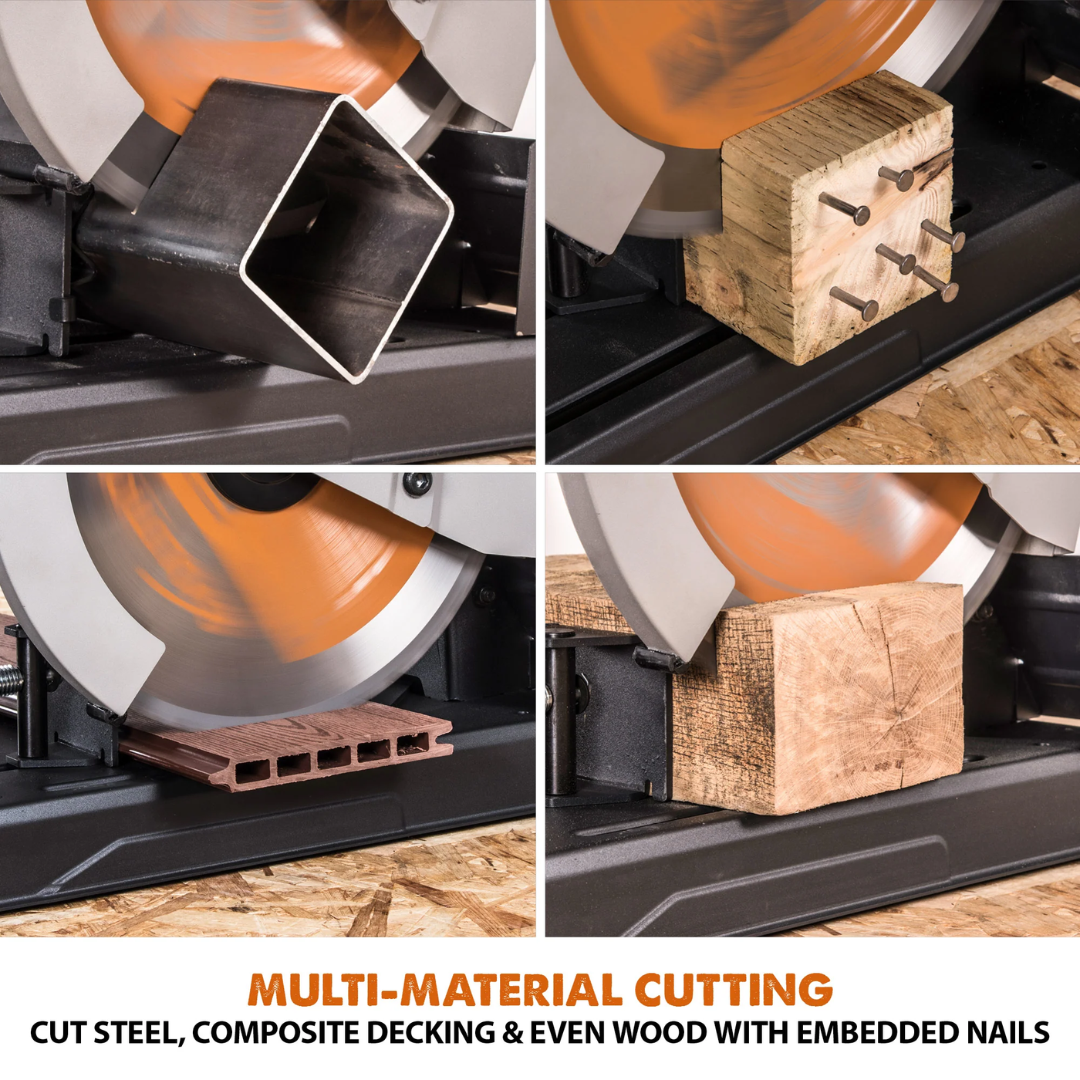 Evolution Power Tools Multi-Material Cutting Chop Saw With 14 in. Blade R355CPS cutting square steel tubing with precision and minimal burr formation.