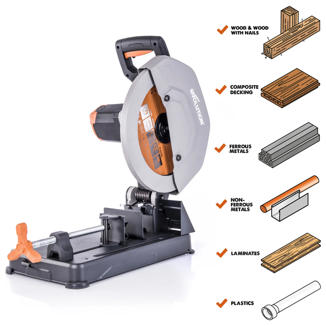Evolution Power Tools Multi-Material Cutting Chop Saw With 14 in. Blade R355CPS feature overview displaying the saw with labeled components and key engineering highlights.