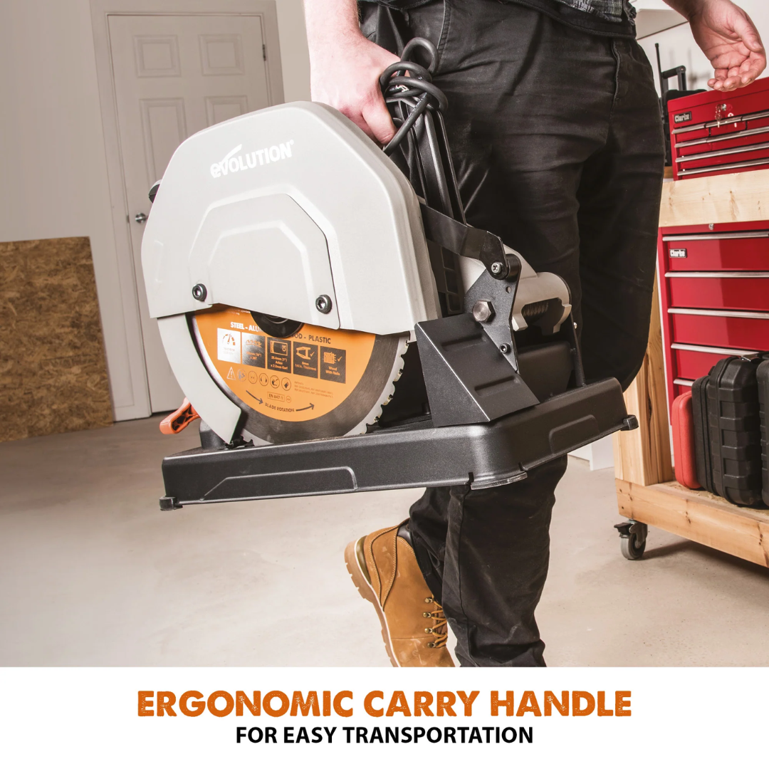 Evolution Power Tools Multi-Material Cutting Chop Saw With 14 in. Blade R355CPS featuring the ergonomic horizontal trigger handle, premium 14-inch blade, and included arbor bushings.