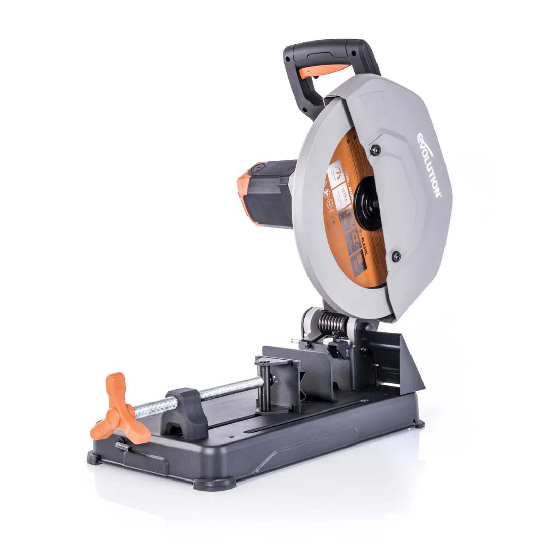 Evolution Power Tools Multi-Material Cutting Chop Saw With 14 in. Blade R355CPS front view showing the complete chop saw with durable base and precision cutting design.