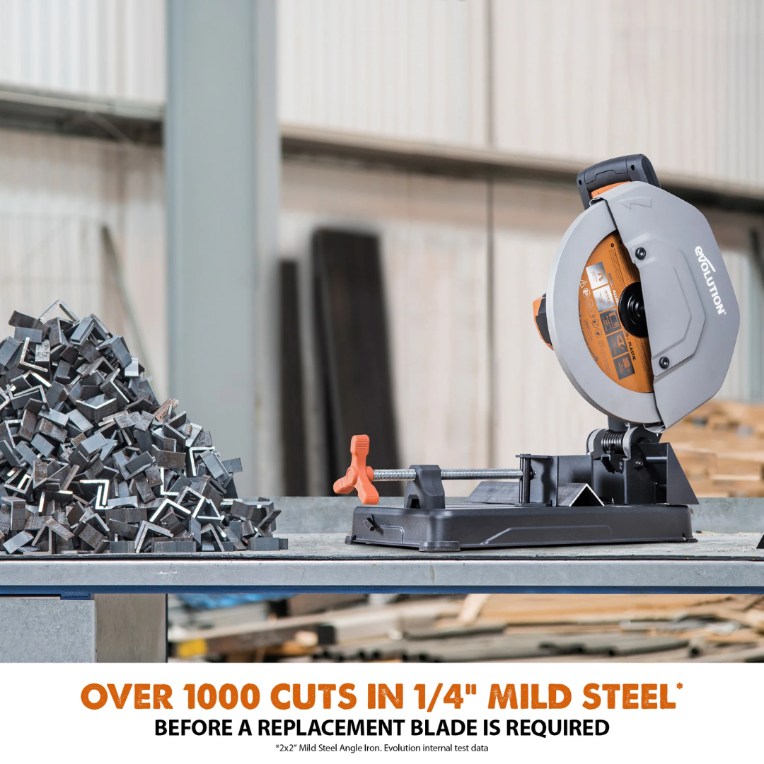 Evolution Power Tools Multi-Material Cutting Chop Saw With 14 in. Blade R355CPS in a workshop cutting metal with up to 1000 cuts in mild steel using one blade.
