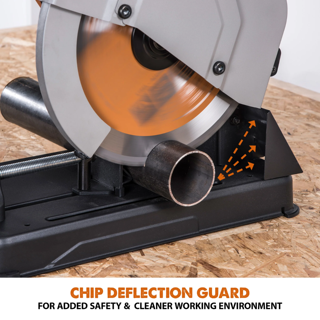 Evolution Power Tools Multi-Material Cutting Chop Saw With 14 in. Blade R355CPS showing the adjustable fence for accurate miter and angle cutting.