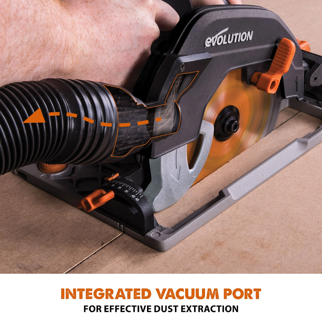 Evolution Power Tools Multi-Material Cutting Circular Saw 7-1/4 in. Blade R185CCSX aligned on the guide rail for accurate, splinter-free straight cuts in sheet materials.