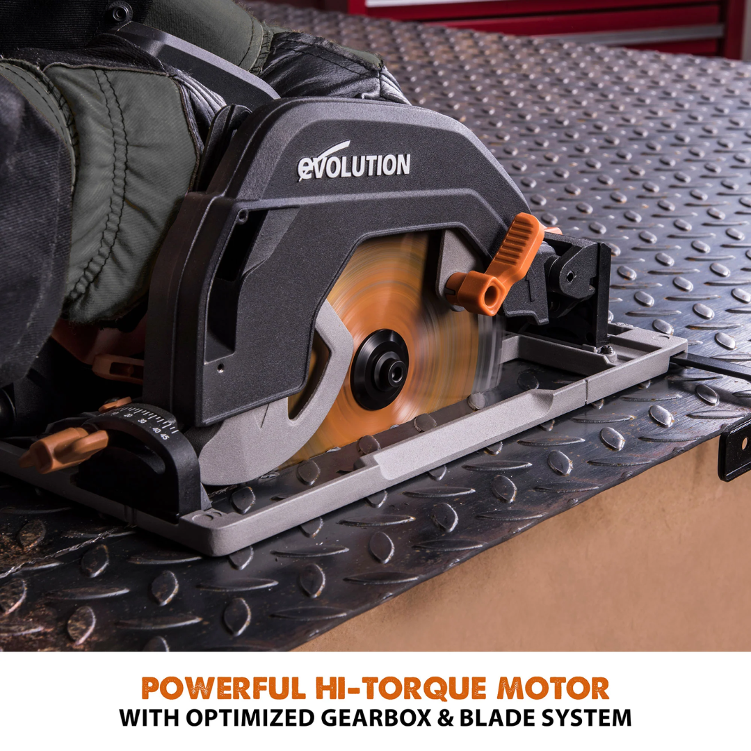 Evolution Power Tools Multi-Material Cutting Circular Saw 7-1/4 in. Blade R185CCSX compatible with guide tracks for improved cutting precision and repeatability.