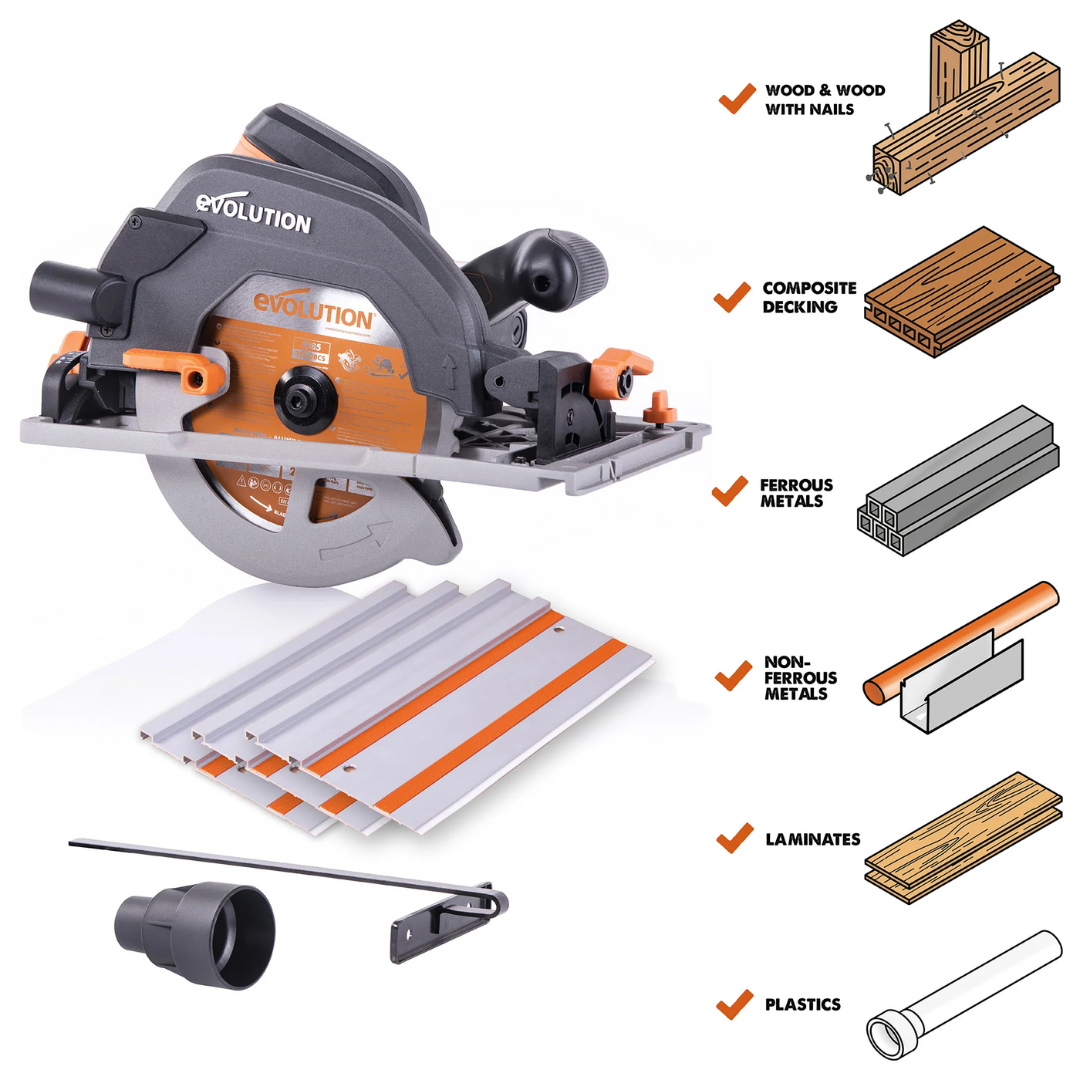 Evolution Power Tools Multi-Material Cutting Circular Saw 7-1/4 in. Blade R185CCSX designed to cut wood, metal, plastic, and other construction materials with a single blade.