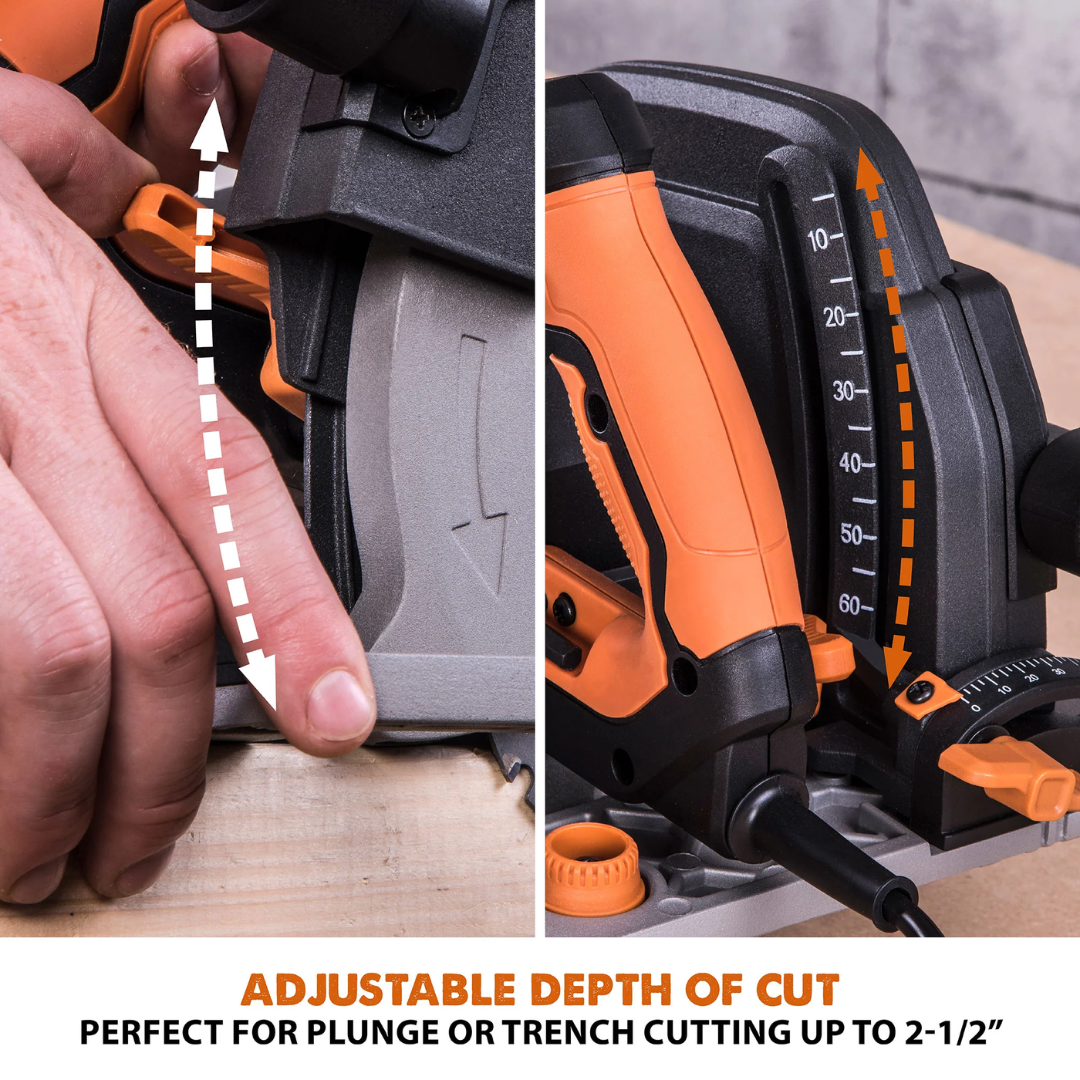 Evolution Power Tools Multi-Material Cutting Circular Saw 7-1/4 in. Blade R185CCSX featuring an easy-to-read bevel scale for fast, precise angle adjustments.
