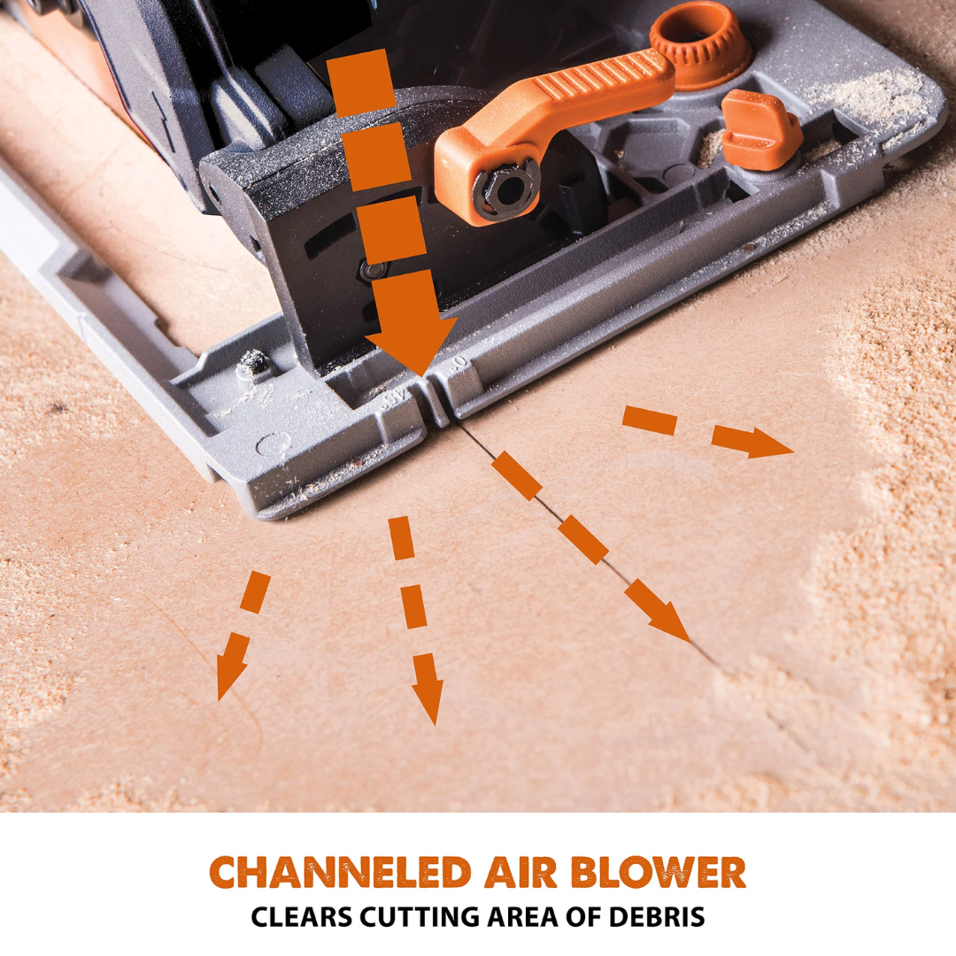 Evolution Power Tools Multi-Material Cutting Circular Saw 7-1/4 in. Blade R185CCSX making a precise straight cut with excellent blade visibility and cutting control.
