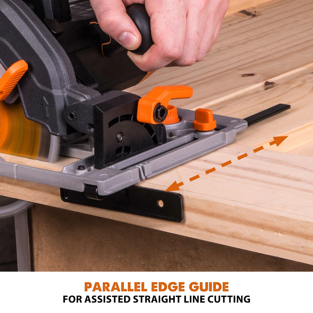 Evolution Power Tools Multi-Material Cutting Circular Saw 7-1/4 in. Blade R185CCSX performing accurate rip cuts using the parallel edge guide for repeatable results.