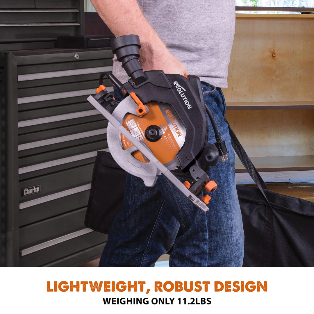 Evolution Power Tools Multi-Material Cutting Circular Saw 7-1/4 in. Blade R185CCSX showcasing its compact, lightweight design for improved handling and reduced user fatigue.