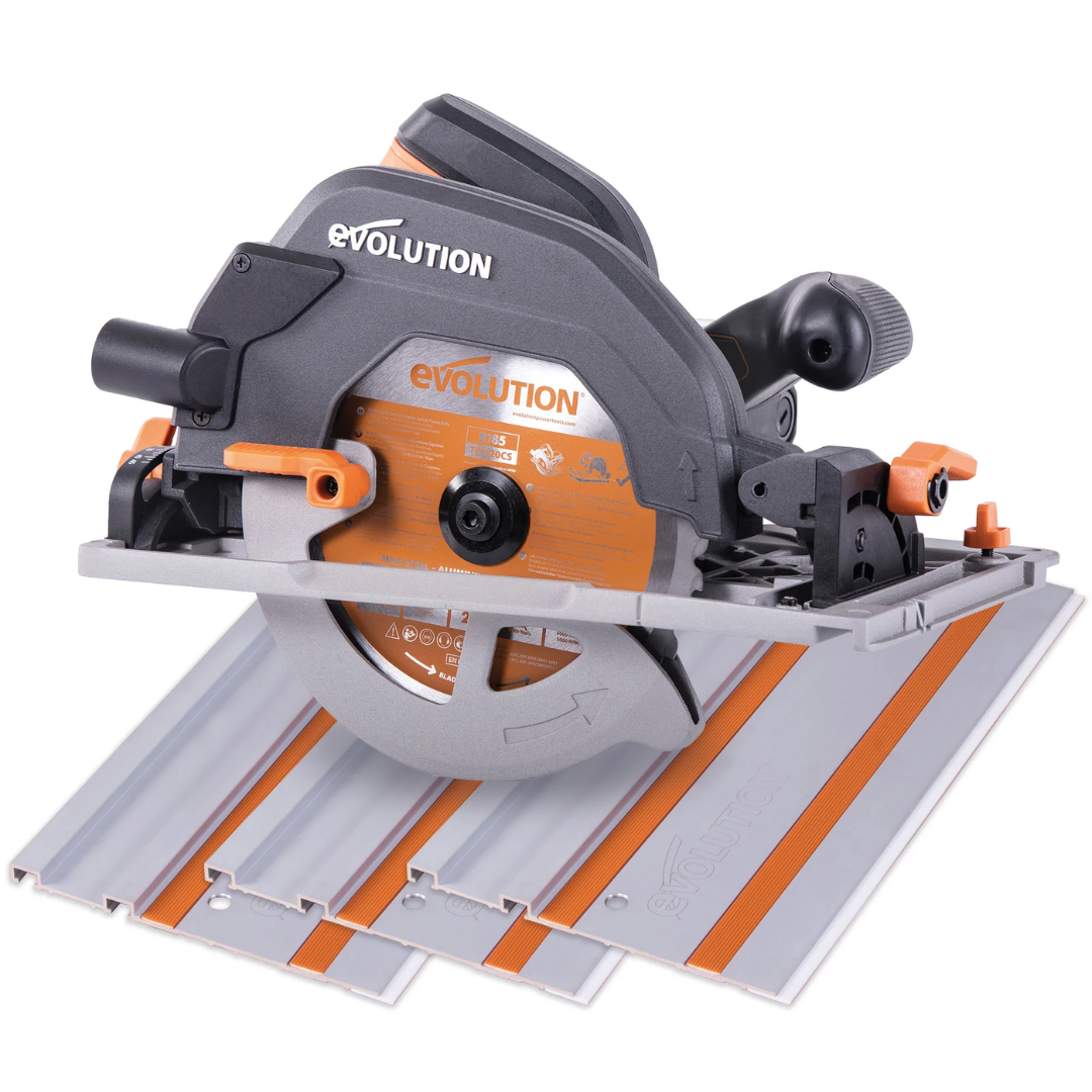 Evolution Power Tools Multi-Material Cutting Circular Saw 7-1/4 in. Blade R185CCSX with guide track, engineered for precise multi-material cutting in wood, metal, plastic, and composite materials.