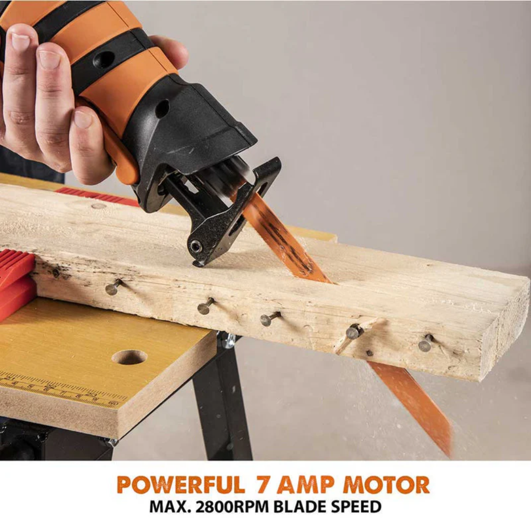 Evolution Power Tools Reciprocating Saw with 4 Blades R230RCP delivering powerful cutting performance for demolition, remodeling, and construction projects.
