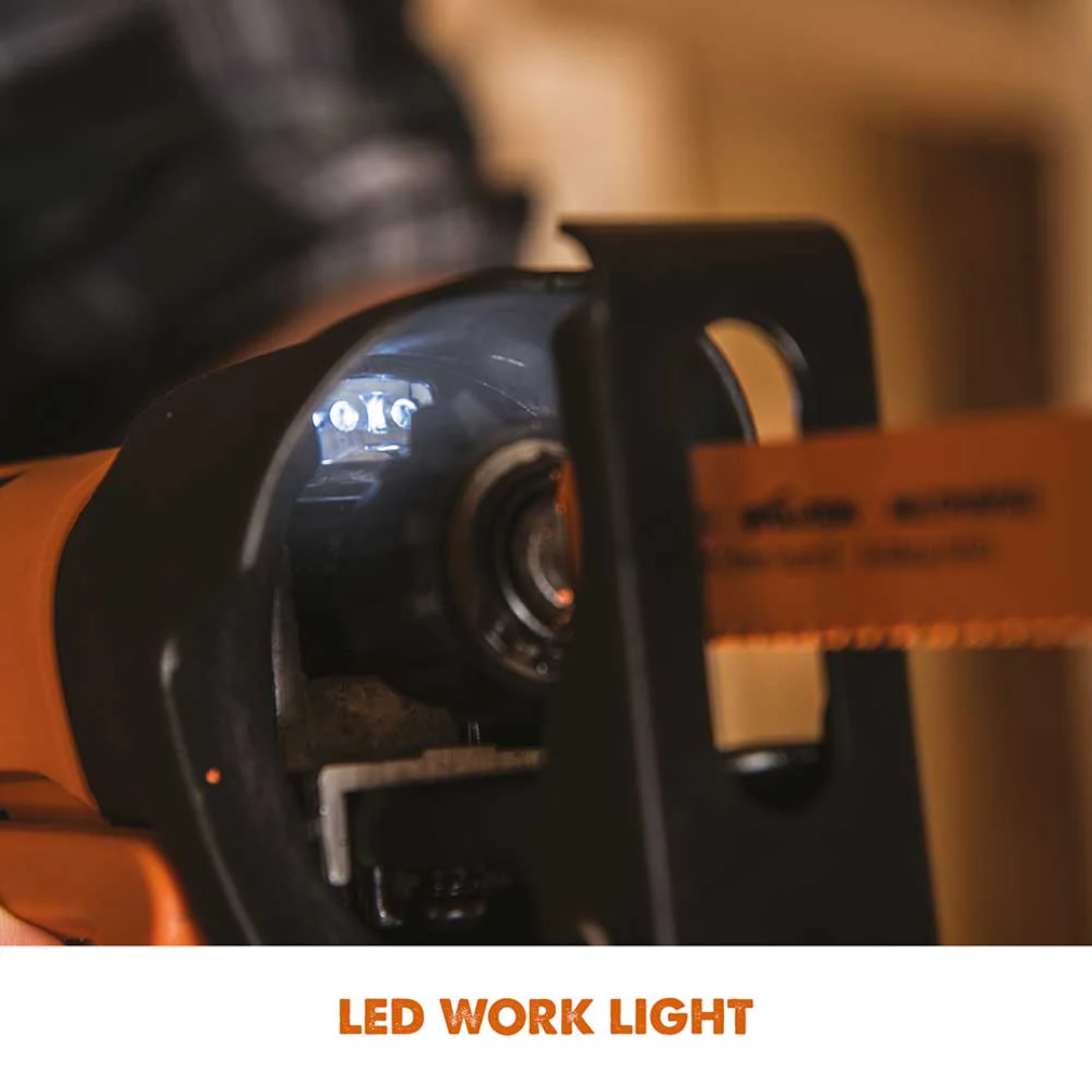 Evolution Power Tools Reciprocating Saw with 4 Blades R230RCP equipped with an integrated LED work light to improve visibility in low-light work areas.