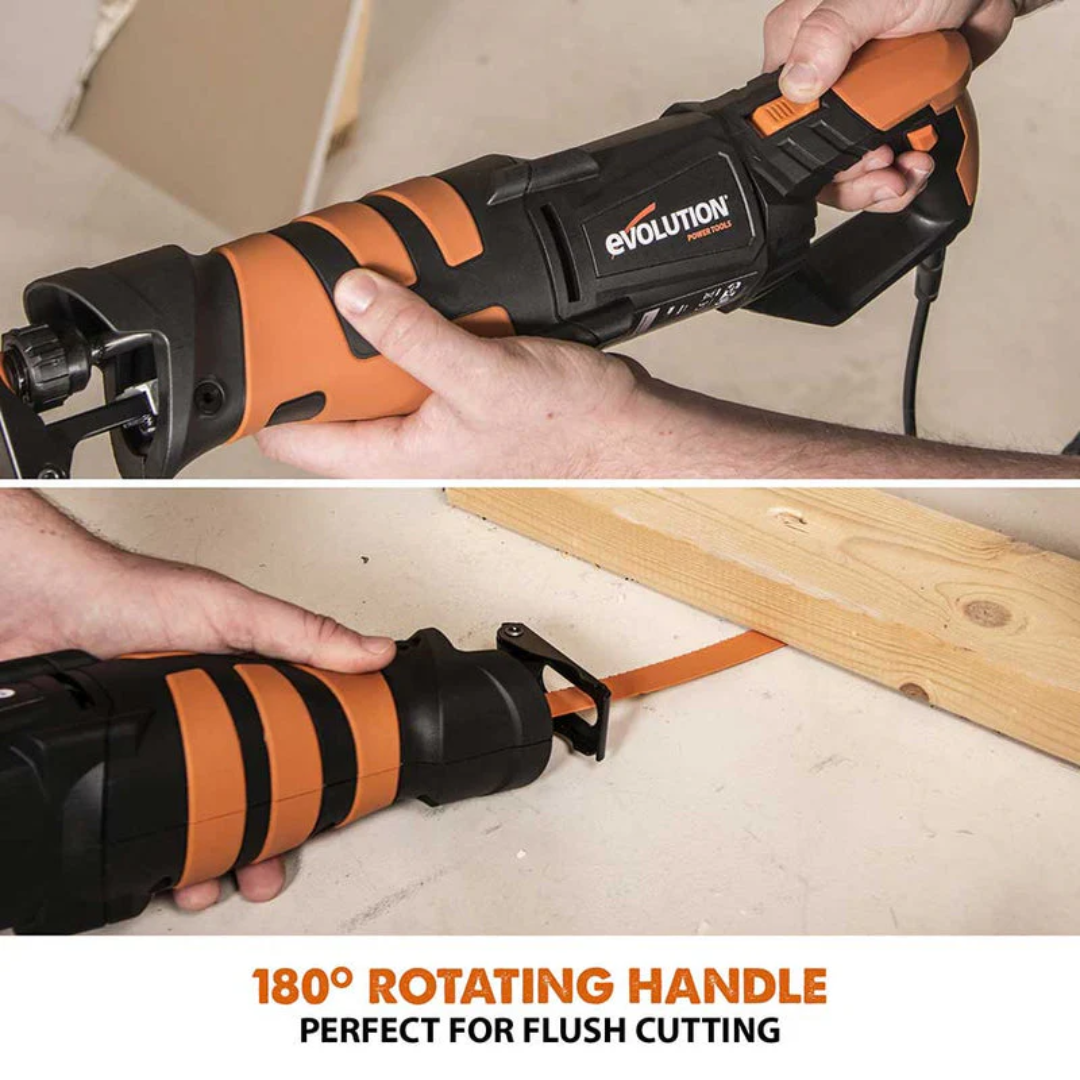 Evolution Power Tools Reciprocating Saw with 4 Blades R230RCP featuring a 180-degree rotating handle for improved comfort and cutting control in multiple positions.