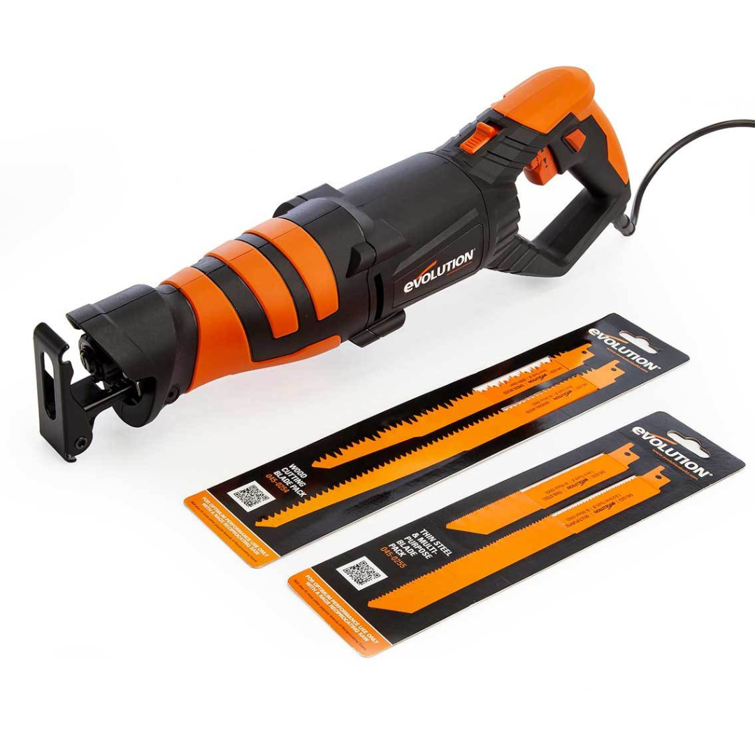 Evolution Power Tools Reciprocating Saw with 4 Blades R230RCP featuring a powerful corded reciprocating saw with four included blades for wood, metal, and demolition cutting applications.