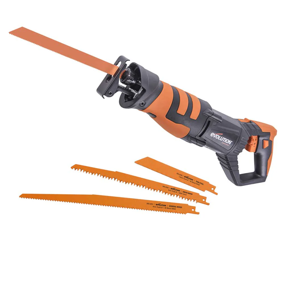 Evolution Power Tools Reciprocating Saw with 4 Blades R230RCP showing the reciprocating saw with four interchangeable blades for versatile cutting performance.