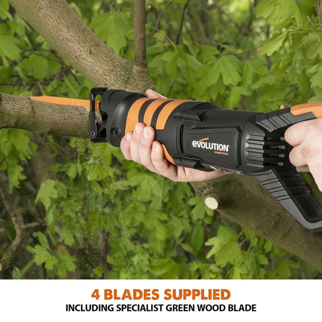 Evolution Power Tools Reciprocating Saw with 4 Blades R230RCP used for pruning and outdoor cutting applications with one of the four included reciprocating saw blades.