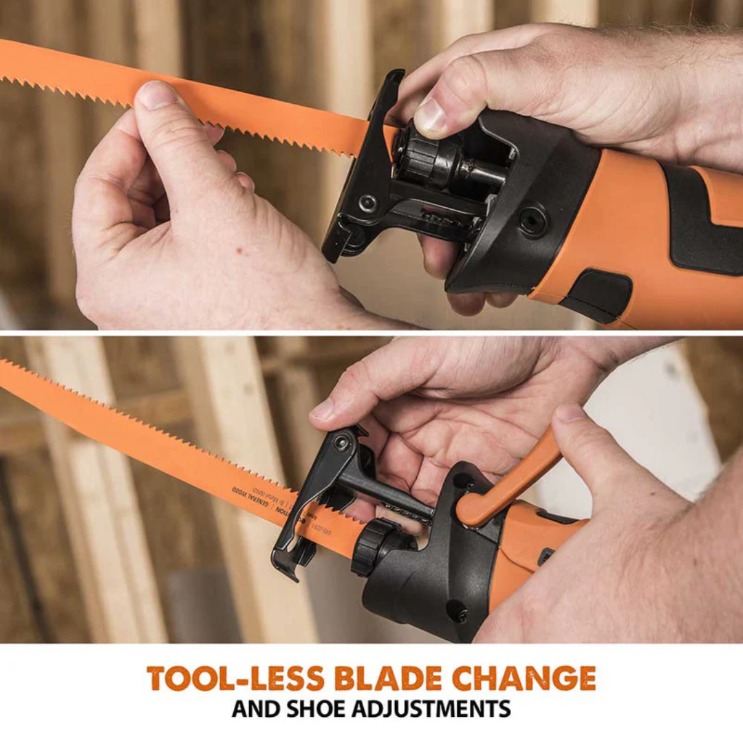 Evolution Power Tools Reciprocating Saw with 4 Blades R230RCP with an easy-access tool-free blade clamp for quick blade installation and removal.
