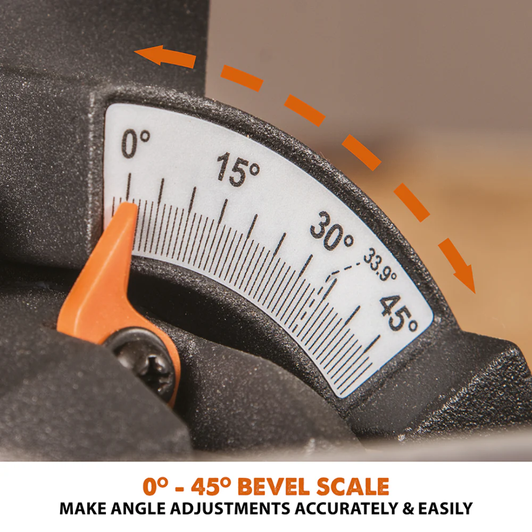 Evolution Power Tools Single Bevel Sliding Miter Saw R185SMS+ close-up of the bevel scale for accurate single bevel angle settings.