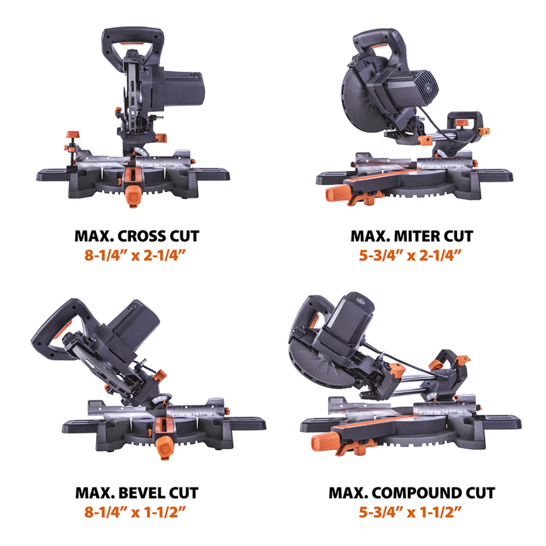 Evolution Power Tools Single Bevel Sliding Miter Saw R185SMS+ comparison graphic highlighting cutting capacity and performance advantages over standard miter saws.