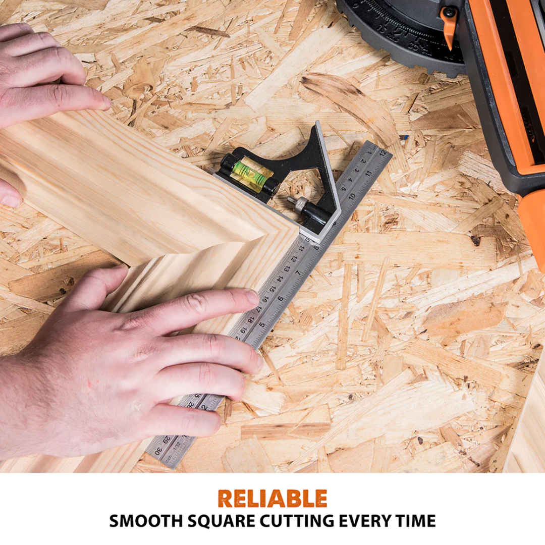 Evolution Power Tools Single Bevel Sliding Miter Saw R185SMS+ cutting sheet material with stable support and clean cutting performance.