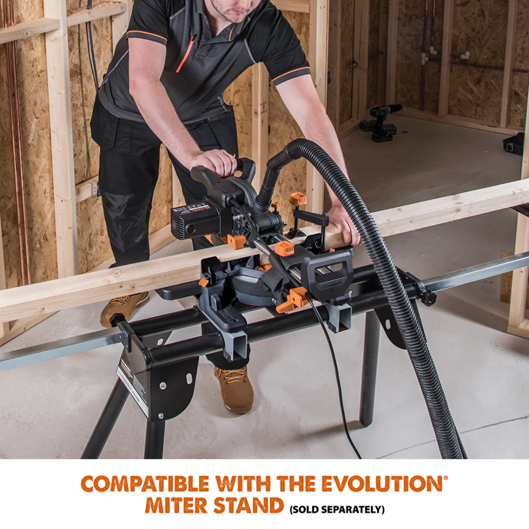 Evolution Power Tools Single Bevel Sliding Miter Saw R185SMS+ demonstrating convenient transport with its integrated carry handle for improved portability.