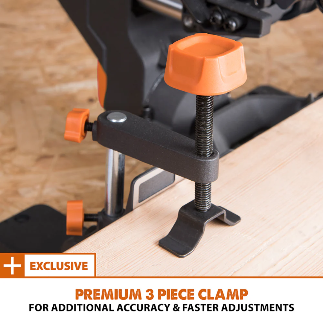 Evolution Power Tools Single Bevel Sliding Miter Saw R185SMS+ equipped with an integrated carry handle for convenient transport between jobsites.
