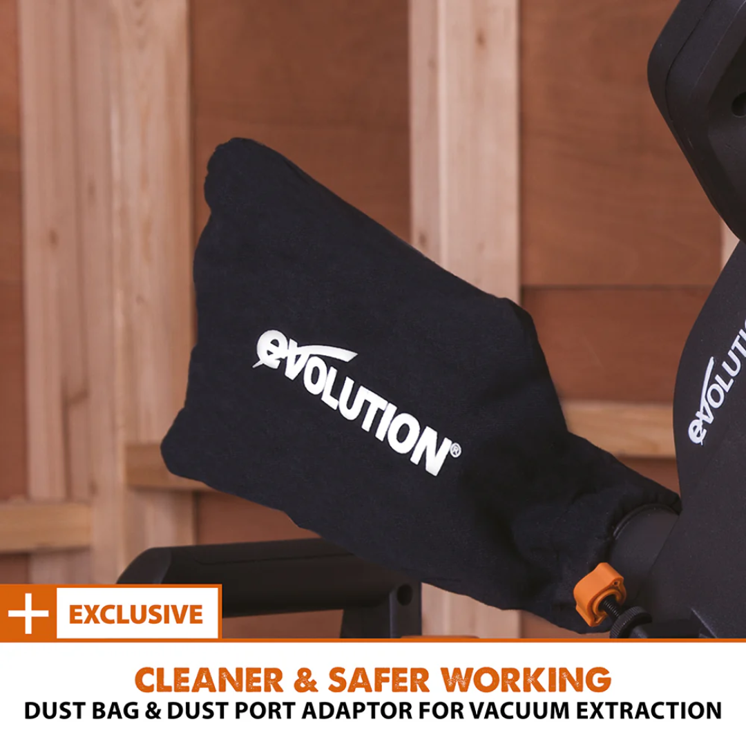 Evolution Power Tools Single Bevel Sliding Miter Saw R185SMS+ featuring the rack-and-pinion 3-piece clamp for secure material holding during cuts.