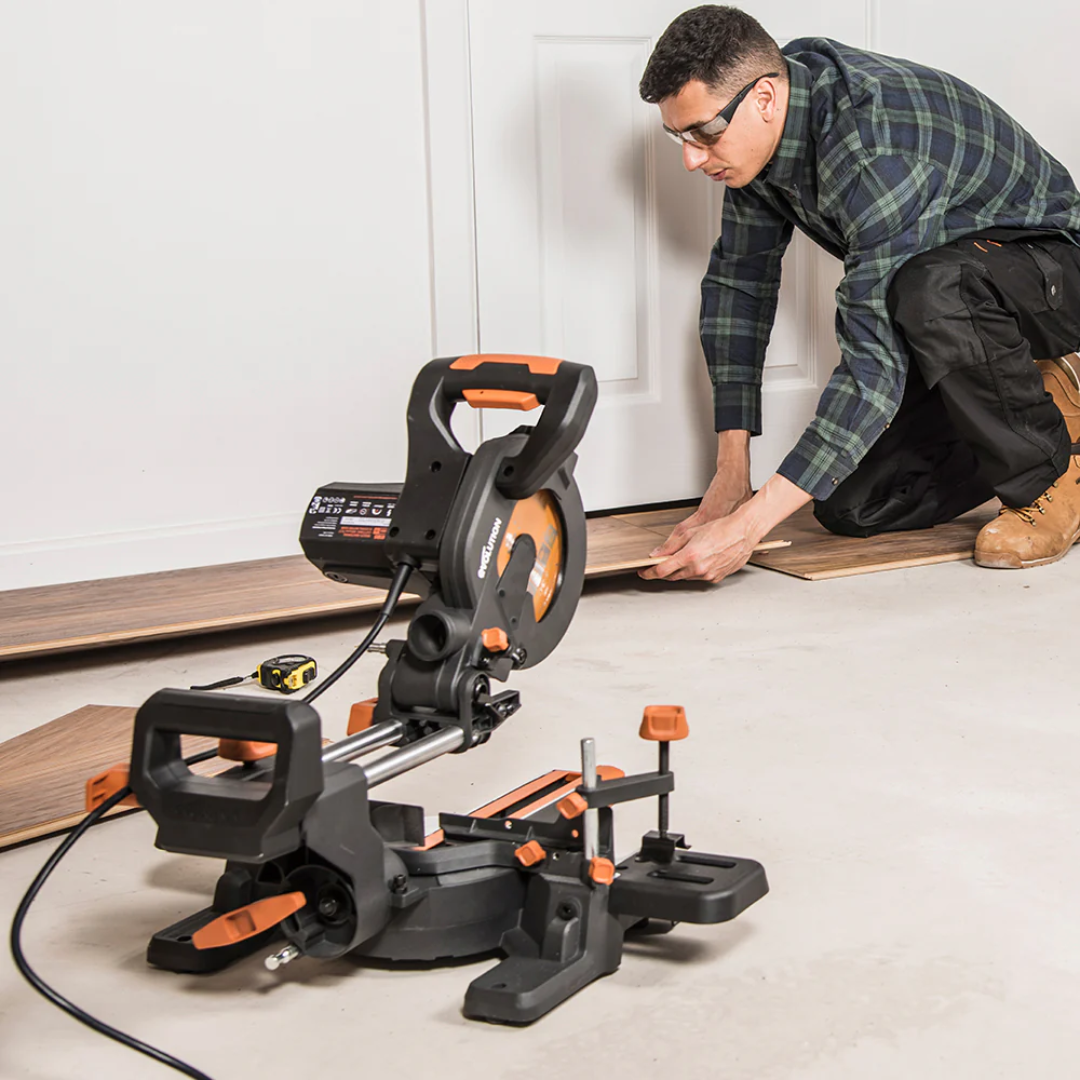 Evolution Power Tools Single Bevel Sliding Miter Saw R185SMS+ in use on a workbench for accurate crosscuts and repeatable woodworking performance.