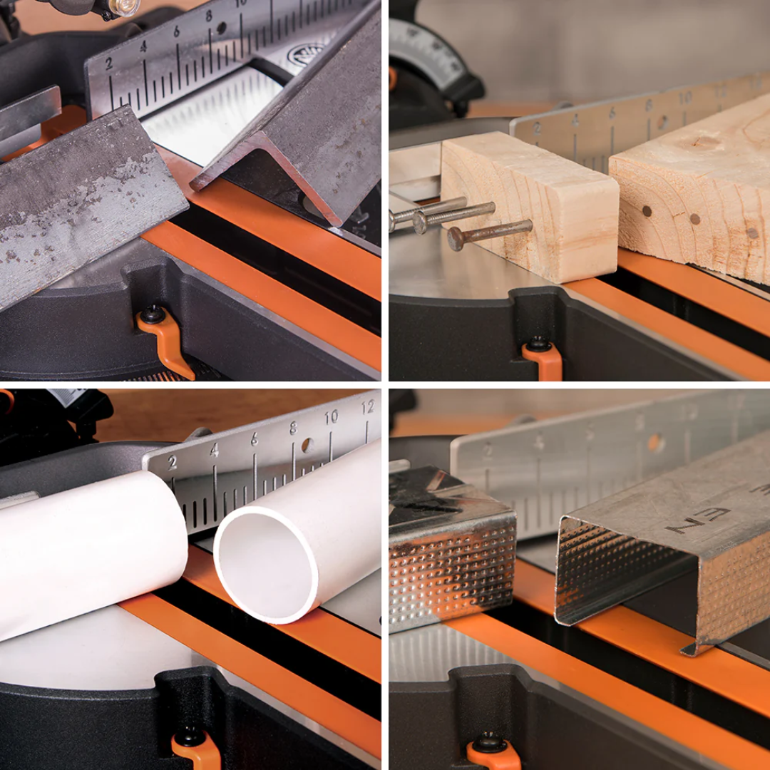 Evolution Power Tools Single Bevel Sliding Miter Saw R185SMS+ showing precision sliding rails for increased crosscut capacity and smooth operation.
