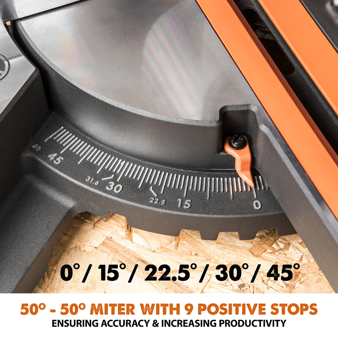 Evolution Power Tools Single Bevel Sliding Miter Saw R255SMS+ close-up of the precision miter scale with positive stops for repeatable angle adjustments.